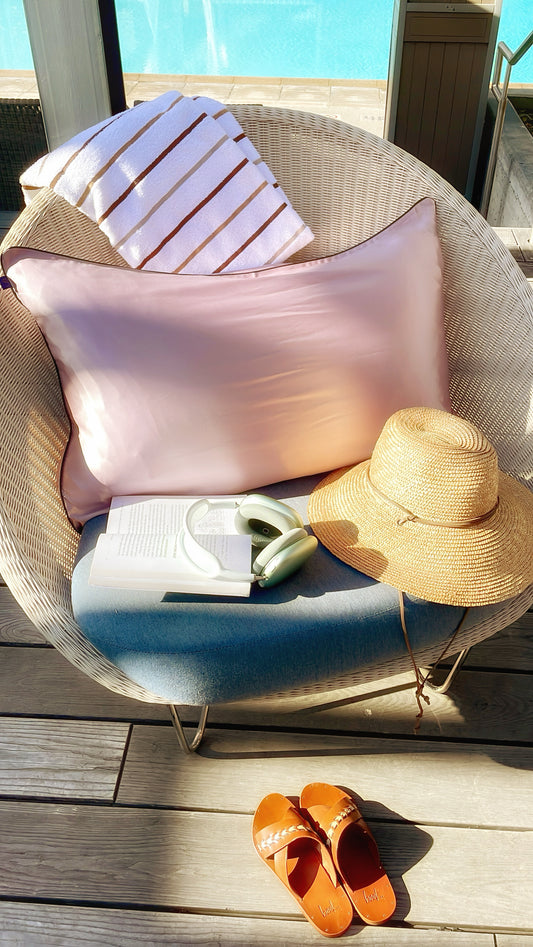 Penny and Lee silk copper-infused pillowcase, poolside, summertime skin care